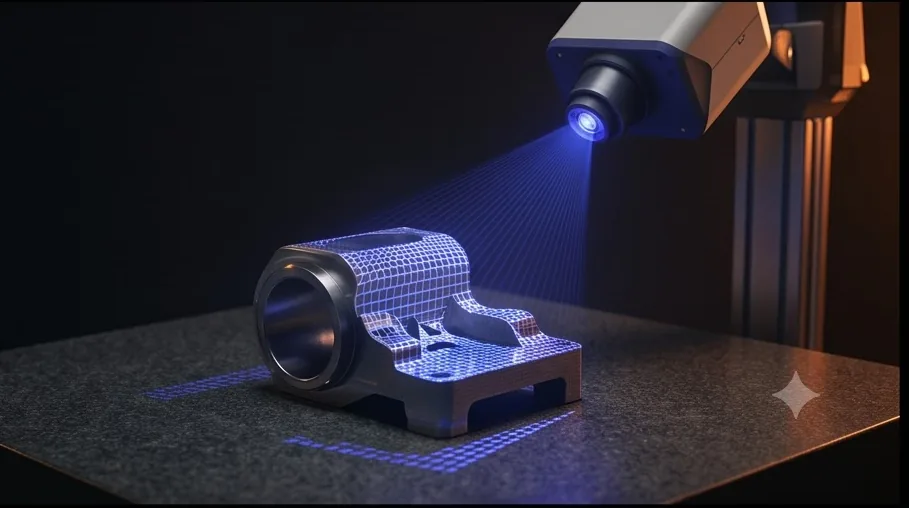 3D measurement camera scanning a machined steel part