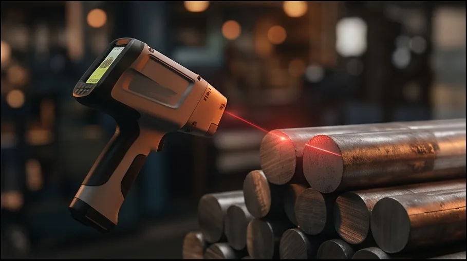 Handheld XRF analyzer aimed at a stack of steel rounds