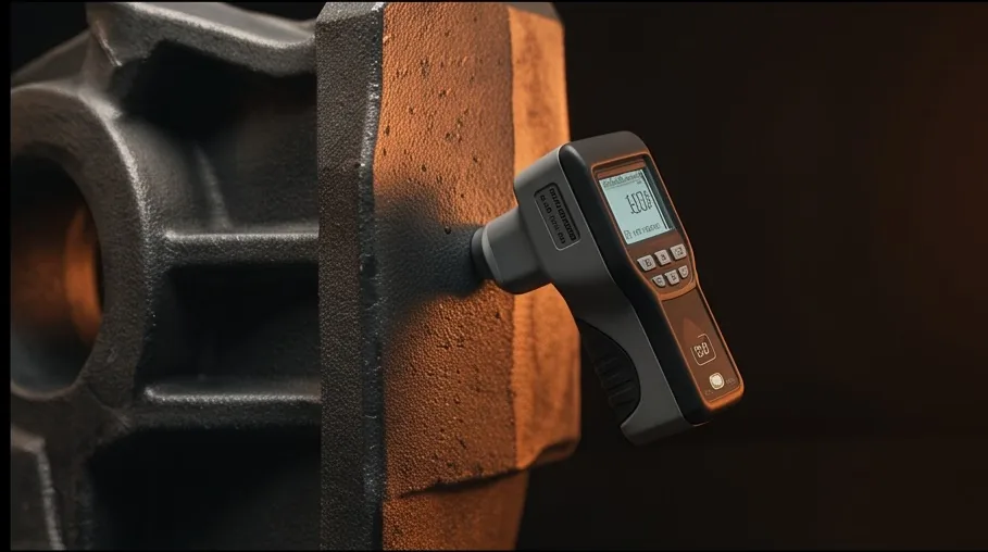 Portable hardness tester pressed against a heavy casting