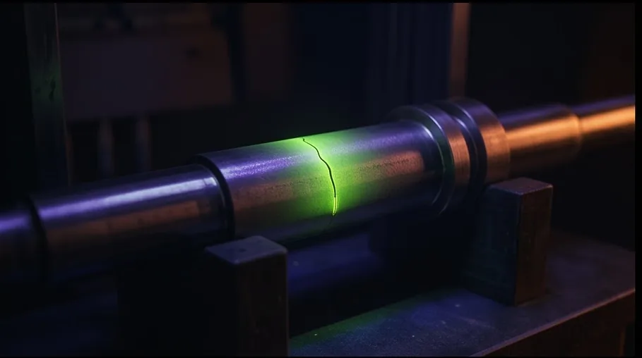 Steel bar glowing under UV light during magnetic particle inspection