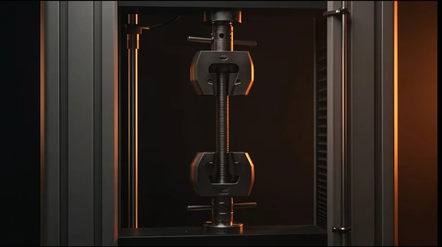 Tensile testing machine gripping a steel test piece