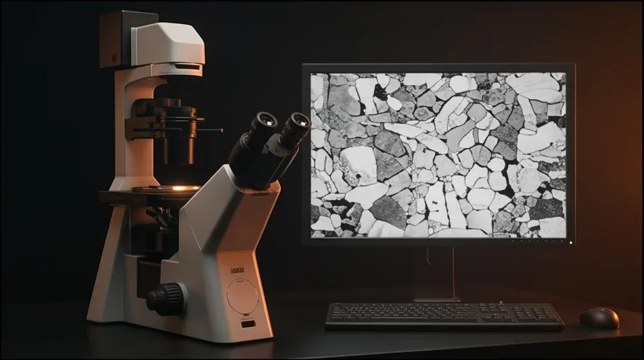 Metallurgical microscope beside a monitor showing grain structure
