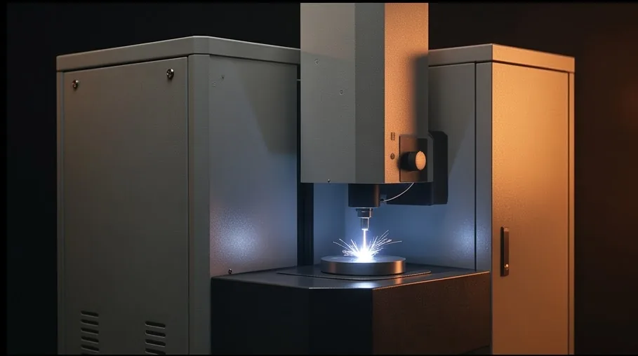 Optical emission spectrometer sparking a steel sample for chemical analysis