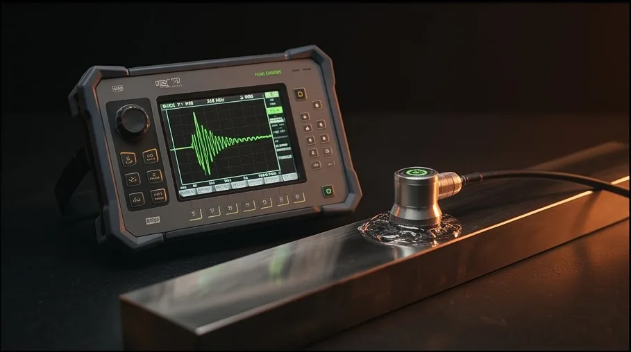 Ultrasonic flaw detector with its probe on a steel bar
