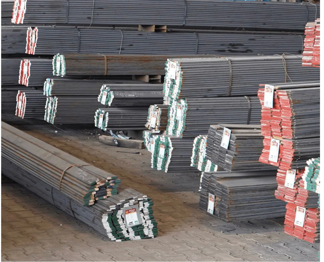 Bundles of hot rolled steel flats stacked in the yard